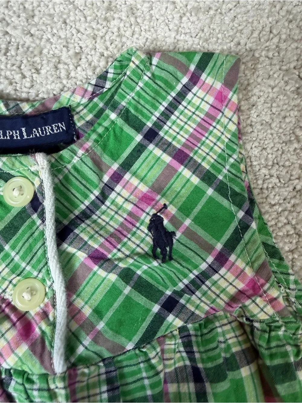 RALPH LAUREN Baby Sz M 6-12 Months Green Bubble Romper Multi Plaid Girls Preppy